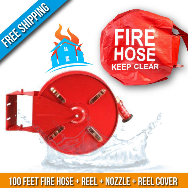 Residential & Commerial Swinging Fire Hose Reel Kit With Cover:100 Feet Fire Hose + Reel + Nozzle + Cover:FireHoseSupply.com
