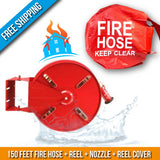 Residential & Commerial Swinging Fire Hose Reel Kit With Cover:150 Feet Fire Hose + Reel + Nozzle + Cover:FireHoseSupply.com
